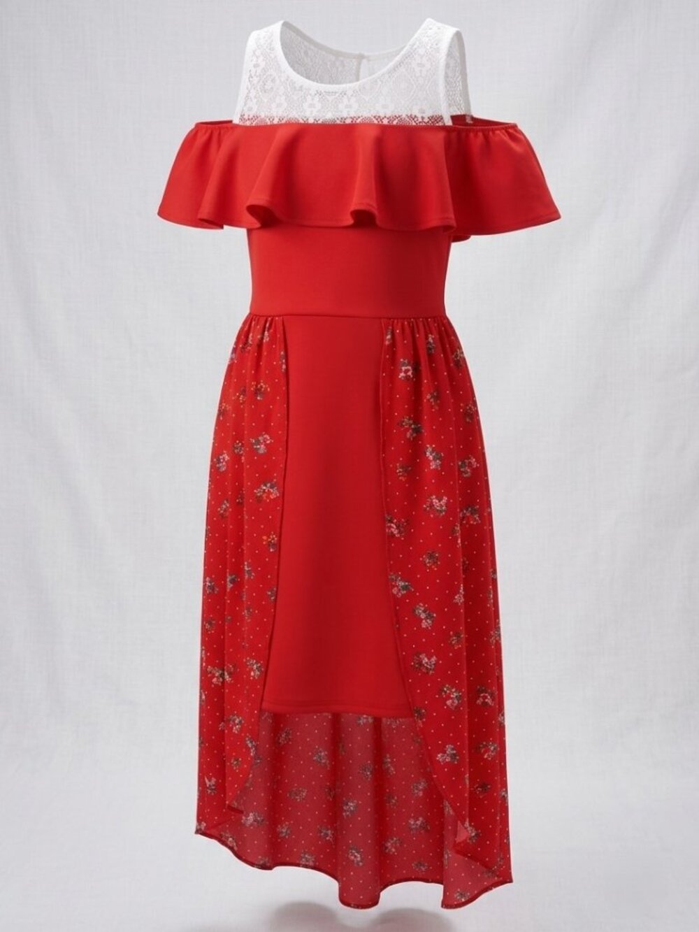 2-Hip by Wrapper Girls Dress Size 14 Red Lace Floral High-Low Ruffle NWT